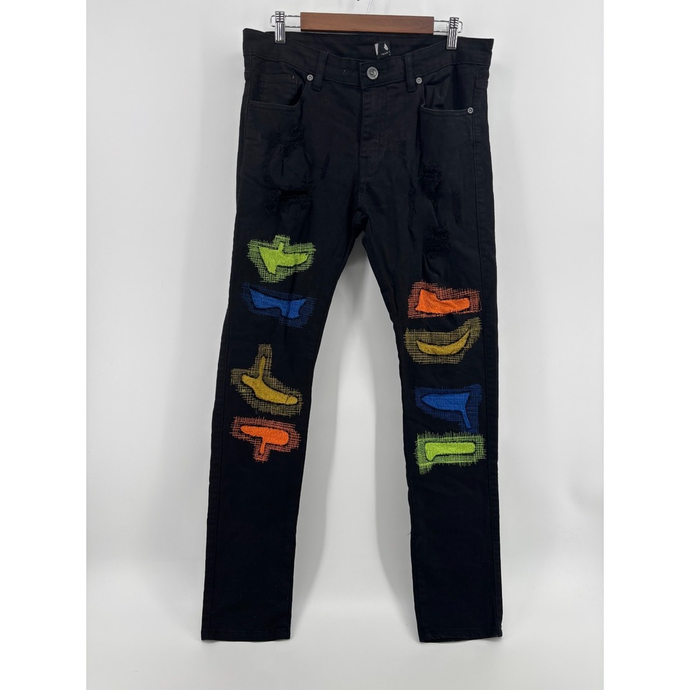 Focus Straight Leg Jeans Mens 34x33 Black Y2K Distressed Patchwork Stretch Denim
